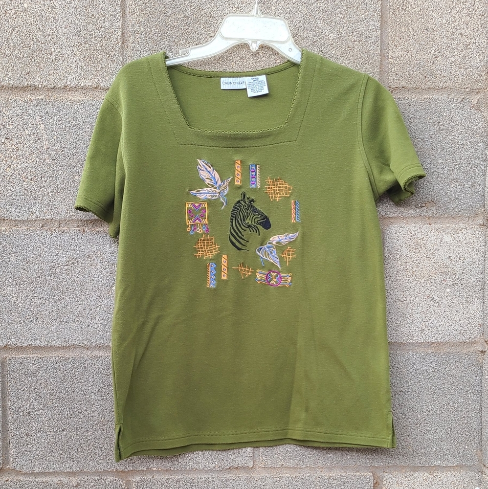 Vintage Cabin Creek Embroidered Zebra Olive Green Top Size S